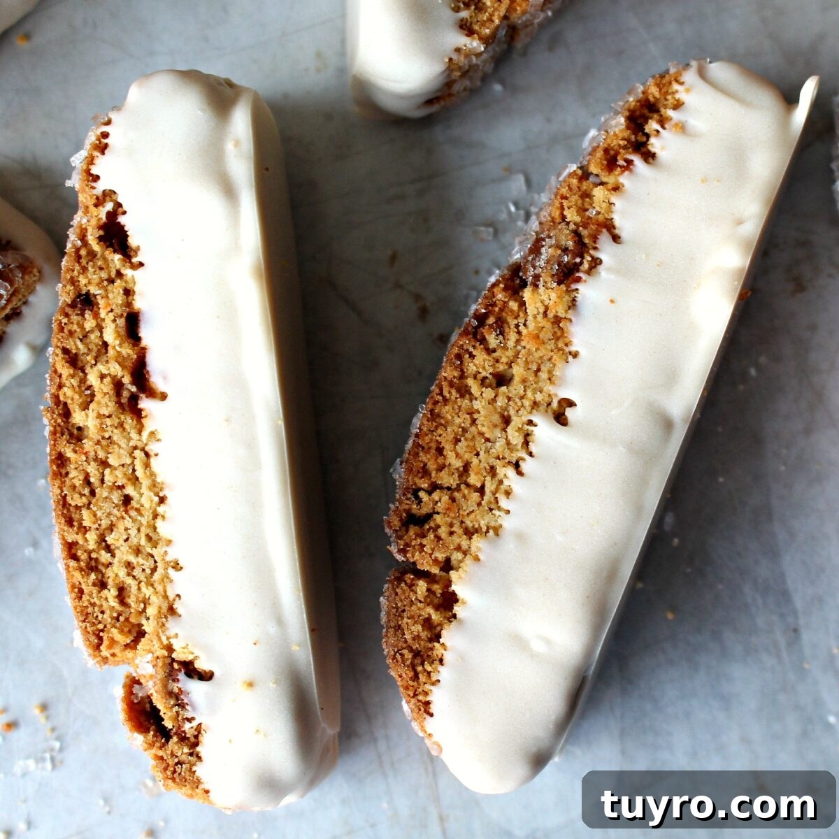 Cinnamon Chip Biscotti Recipe: Crispy Twice-Baked Cookies 3 Closeup showing bottom of biscotti dipped in cinnamon white chocolate, covering half the cut sides.