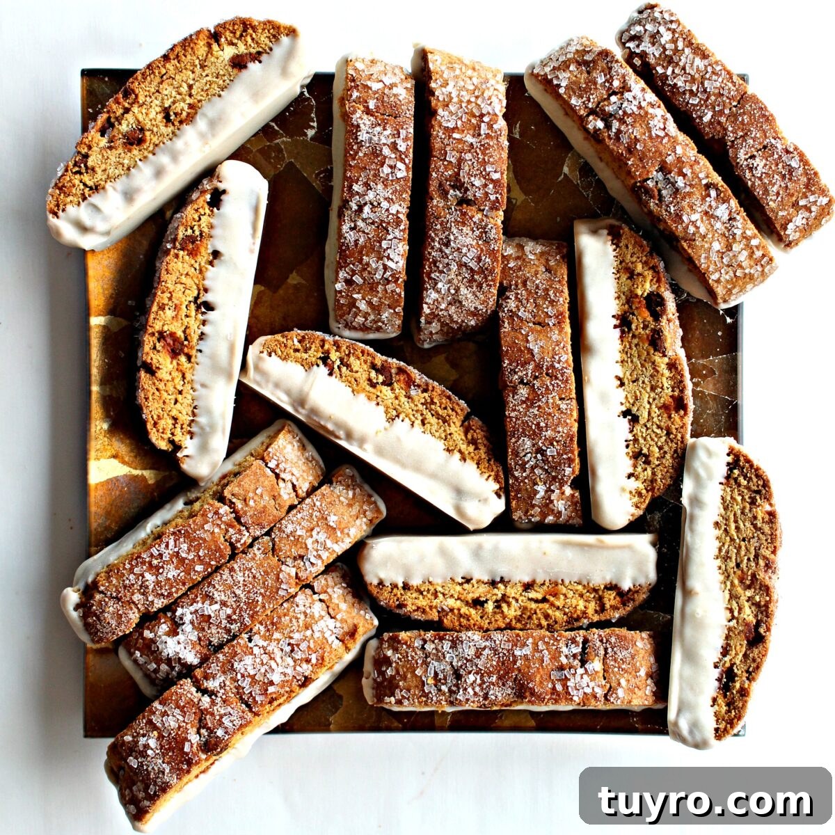 Cinnamon Chip Biscotti Recipe: Crispy Twice-Baked Cookies 4 Cinnamon Chip Biscotti on a gold serving plate.