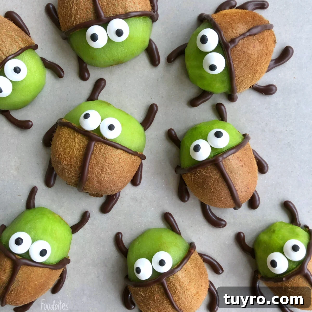 Beetlejuice Kiwis are decorated with chocolate and candy eyes to resemble cartoon beetles.