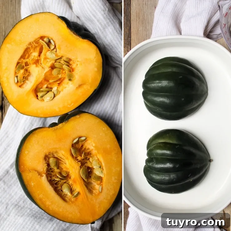 Two photo collage, prepping acorn squash.