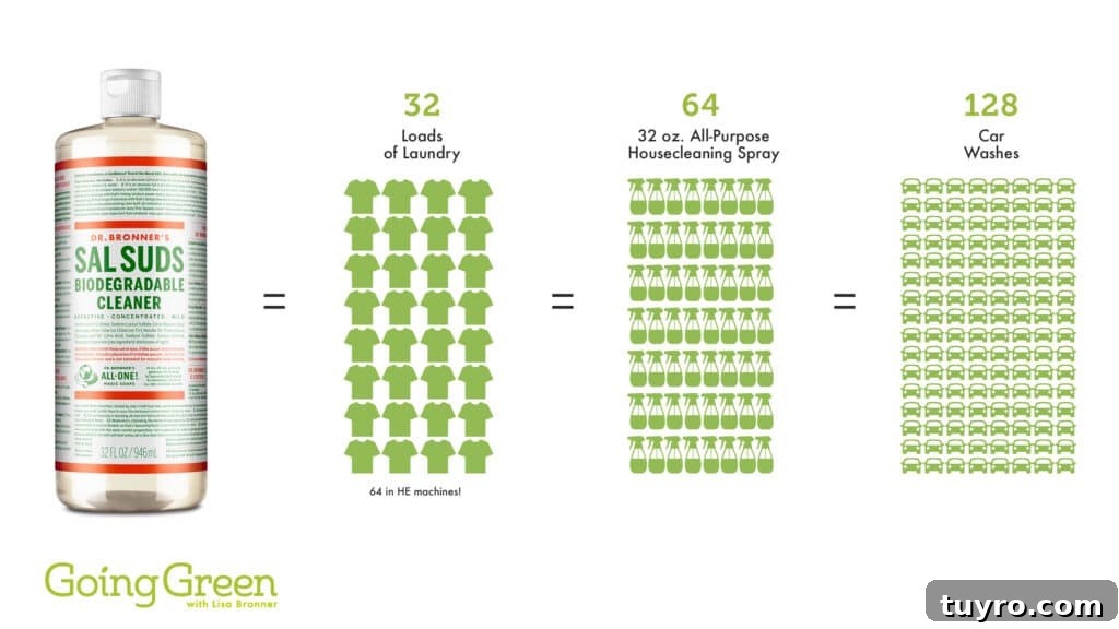 Graphic of what cleaning solutions can be made from a 32oz bottle of Sal Suds.