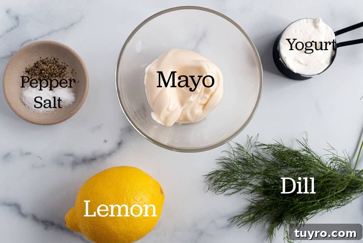 Creamy Lemon Dill Sauce Recipe for Fish and Salmon 3 Bowl with mayo, measuring cup with yogurt, lemon, dill, salt and pepper.