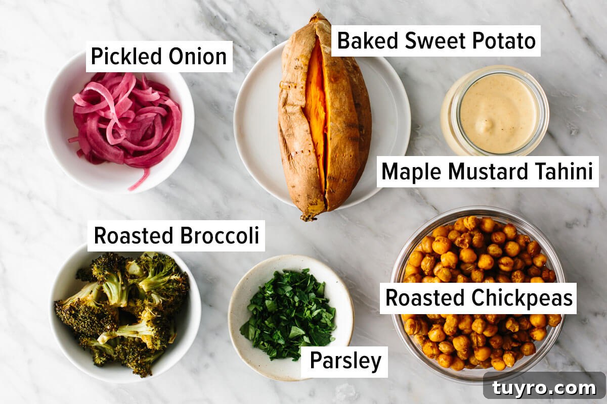 Ingredients for chickpea stuffed sweet potato Ingredients for chickpea stuffed sweet potatoes in a budget meal prep