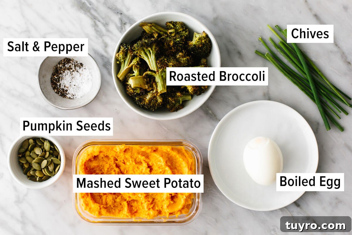 Ingredients for mashed sweet potato bowl Ingredients for smashed sweet potato bowl for budget meal prep
