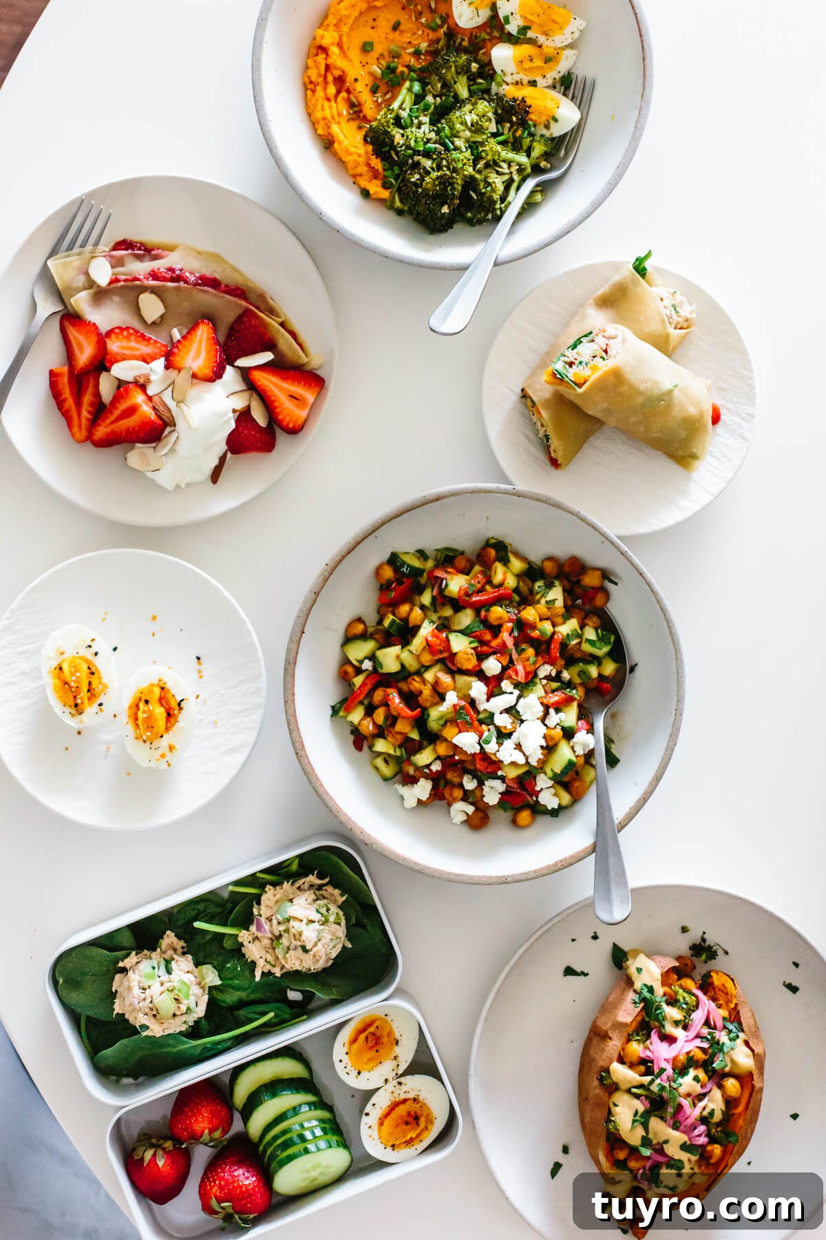 Healthy budget meals prepared for the week Meals laid out on a table for a budget meal prep