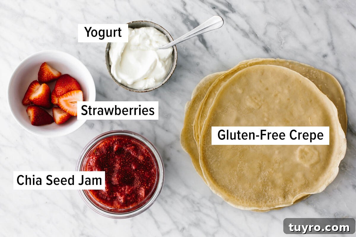 Ingredients for strawberry crepes Ingredients for crepes in a budget meal prep
