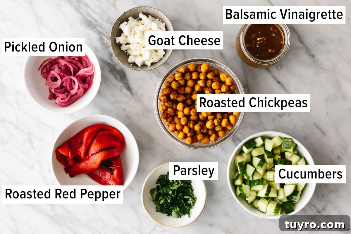 Ingredients for roasted red pepper chickpea salad Ingredients for chickpea salad in a budget meal prep