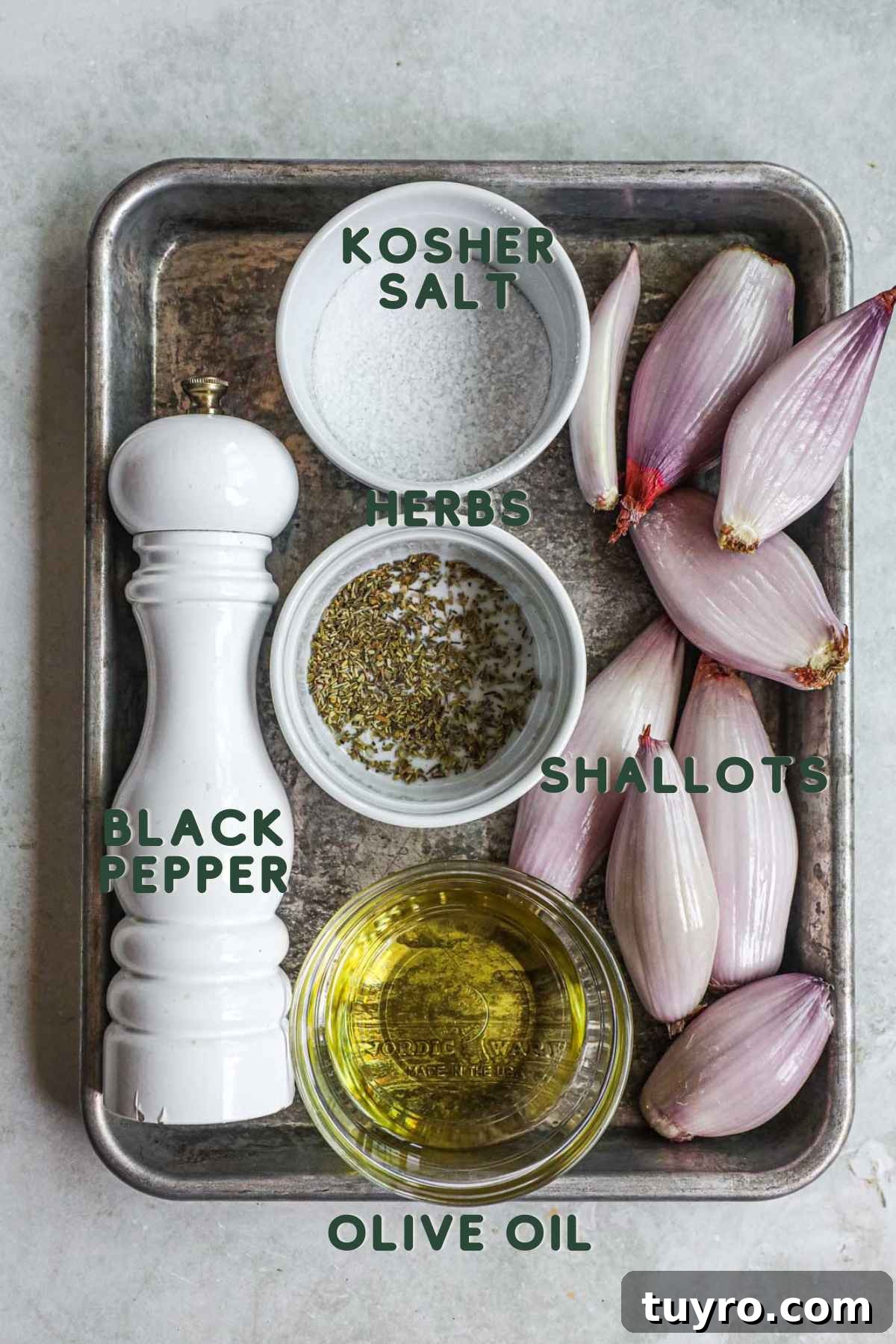 Crispy Roasted Shallots with Balsamic Glaze 3 Ingredients to make roasted caramelized shallots, shallots, kosher salt, herbs, olive oil, black pepper.