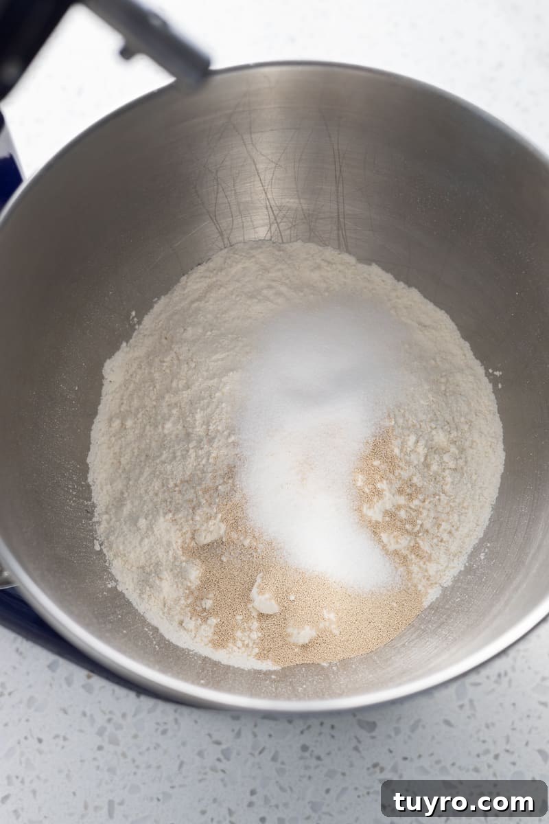 Dry ingredients in the bowl of a stand mixer.