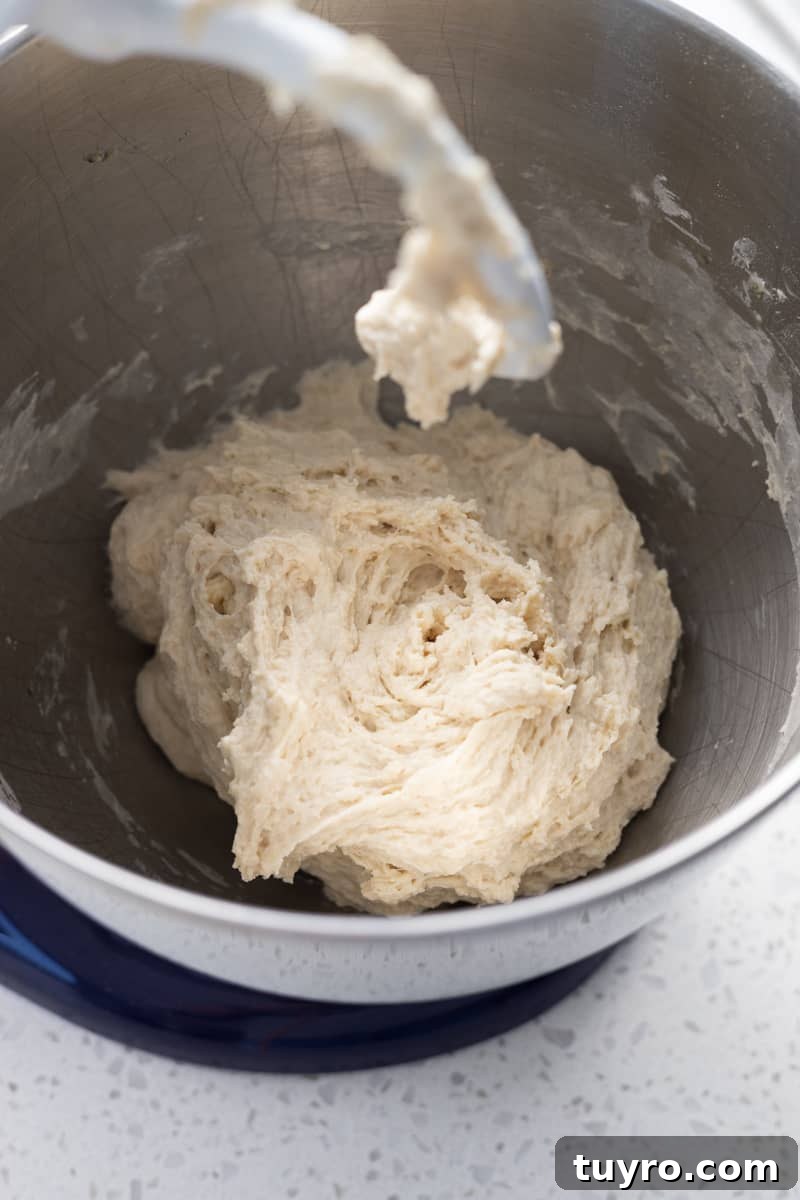 Shaggy dough in the bowl of a stand mixer.