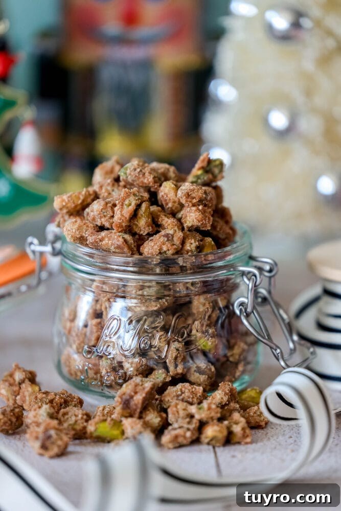 Sweet Candied Pistachios Recipe for Snacks & Gifts 2 picture of candied pistachios in a glass jar