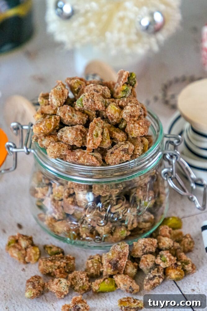 Sweet Candied Pistachios Recipe for Snacks & Gifts 3 picture of candied pistachios in a glass jar