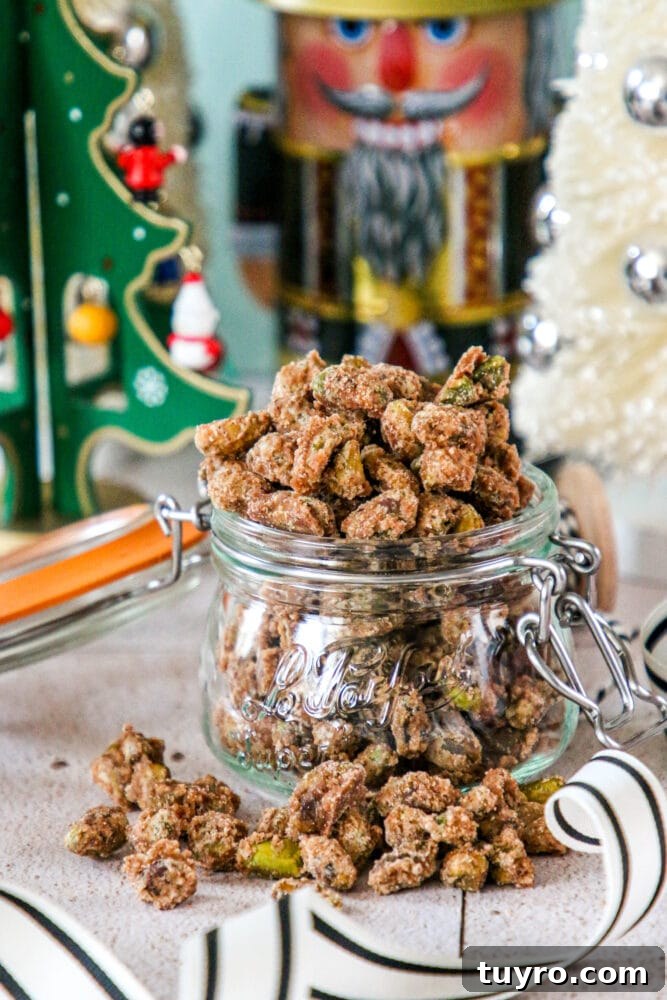 Sweet Candied Pistachios Recipe for Snacks & Gifts 16 picture of candied pistachios in a glass jar