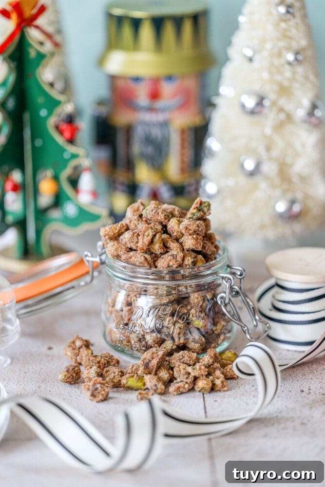 Sweet Candied Pistachios Recipe for Snacks & Gifts 6 picture of candied nuts in a glass jar