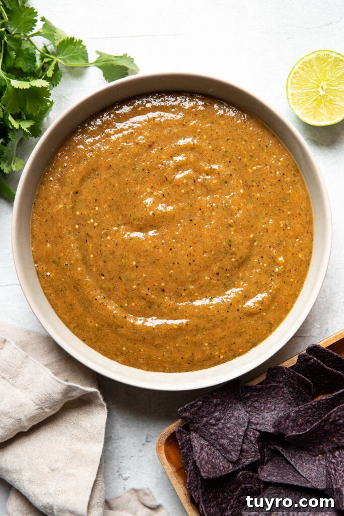Smoky Roasted Tomatillo Salsa Verde Recipe 2 roasted tomatillo salsa in a bowl.