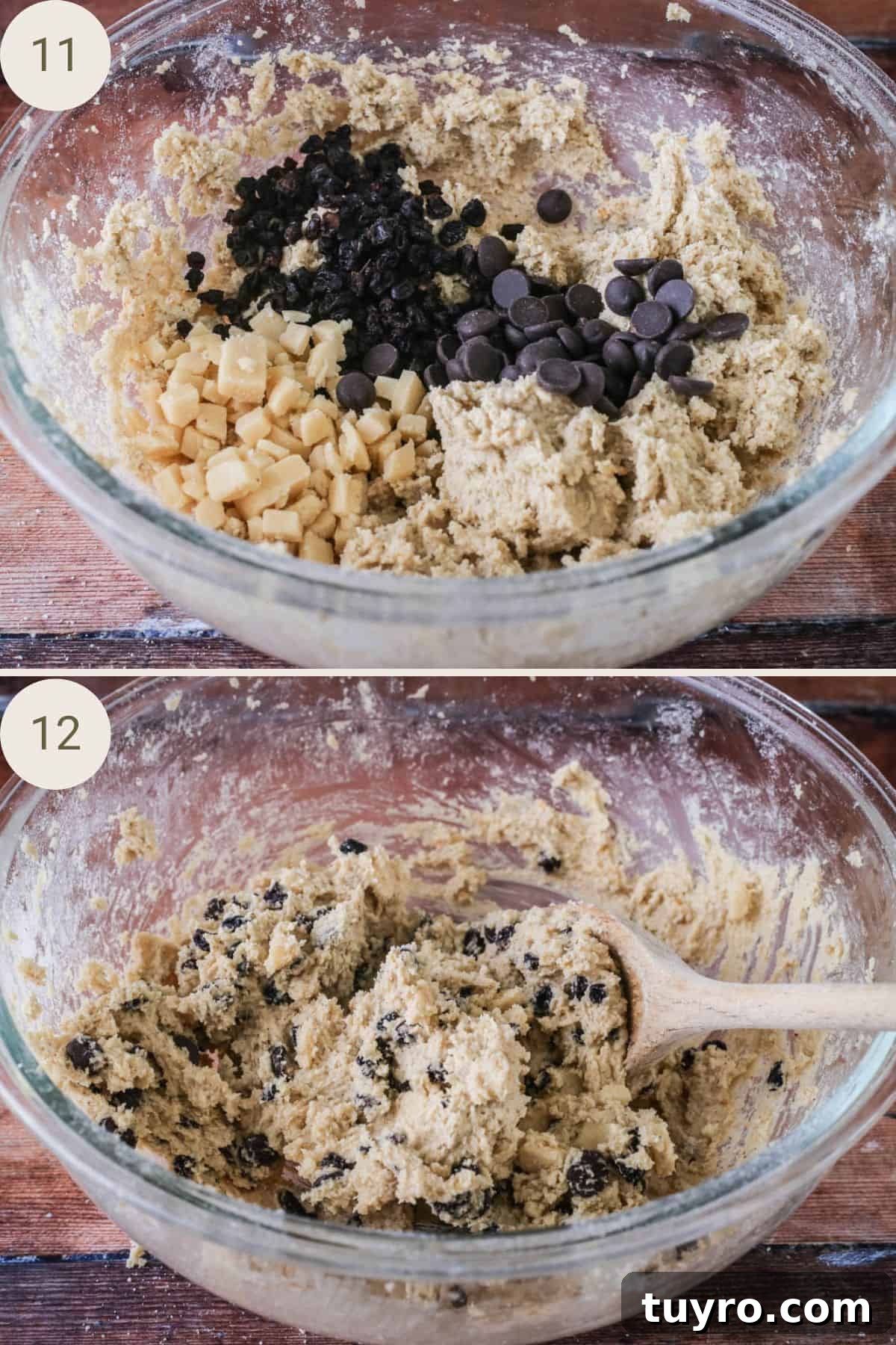 Gluten-Free Easter Cookie Recipes for Spring Baking 9 Diced marzipan, currants and chocolate chips added to cookie dough in bowl. Mixed together with wooden spoon.