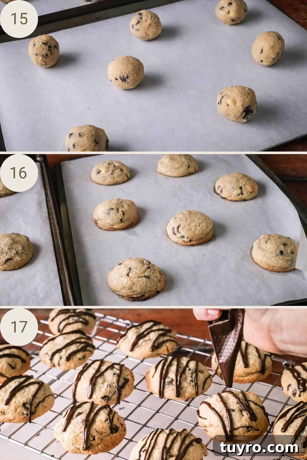 Gluten-Free Easter Cookie Recipes for Spring Baking 10 Cookie dough balls on baking tray before baking and after baking having slightly spread. Dark chocolate drizzled over the top of each cookie.