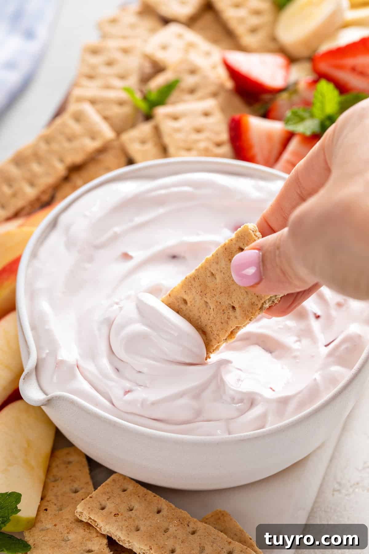 Hand dipping a graham cracker into yogurt fruit dip.