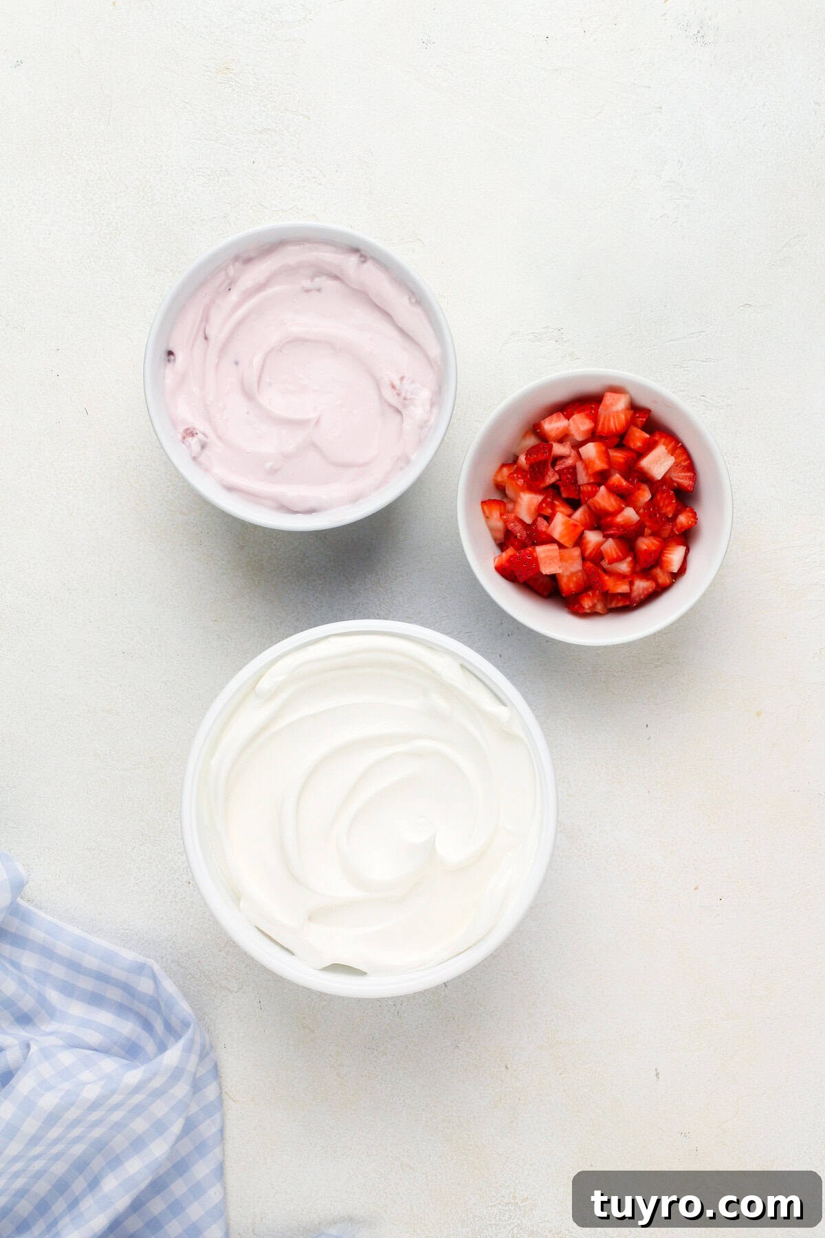 Ingredients for yogurt fruit dip arranged on a countertop.