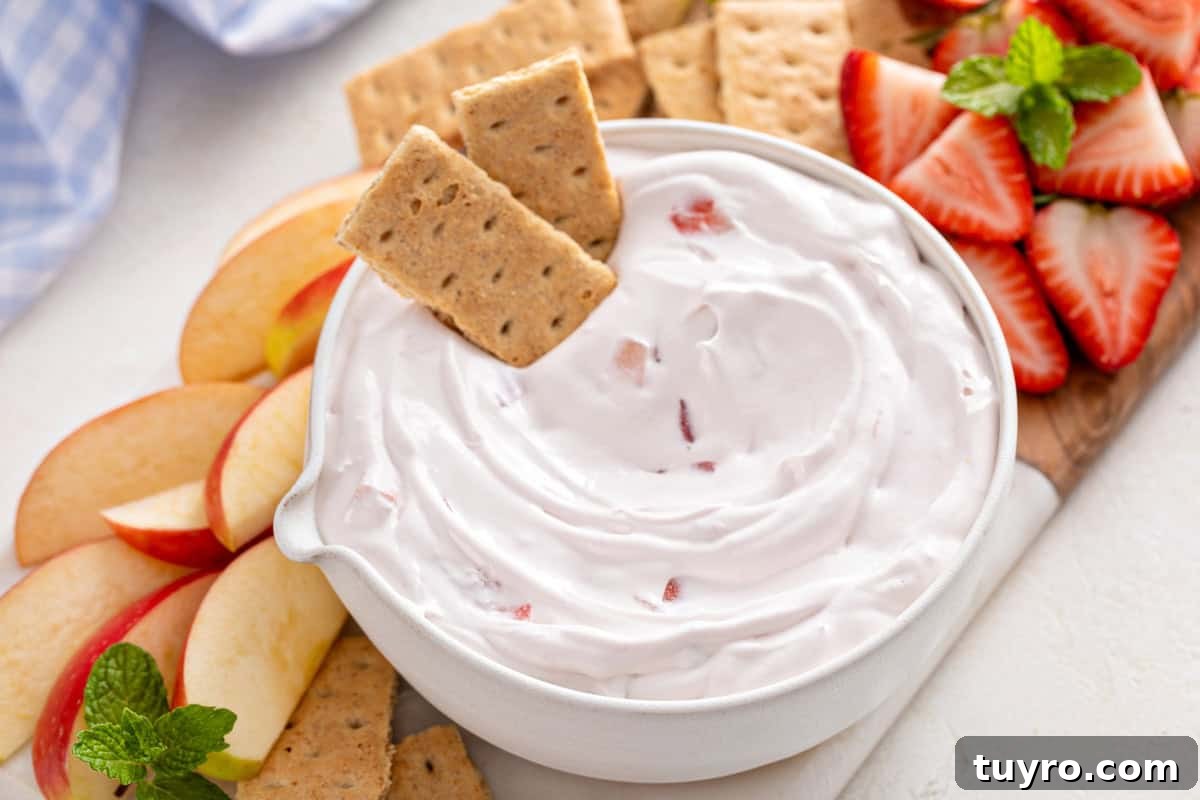 White bowl filled with yogurt fruit dip with two graham crackers arranged at the edge of the bowl.