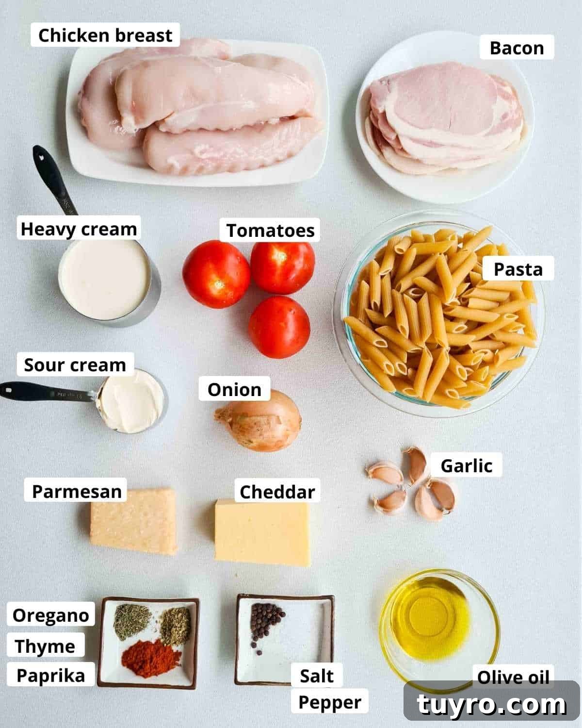 Creamy Chicken & Bacon Pasta Bake Recipe for Weeknight Dinners 3 Ingredients required to make this recipe, labeled