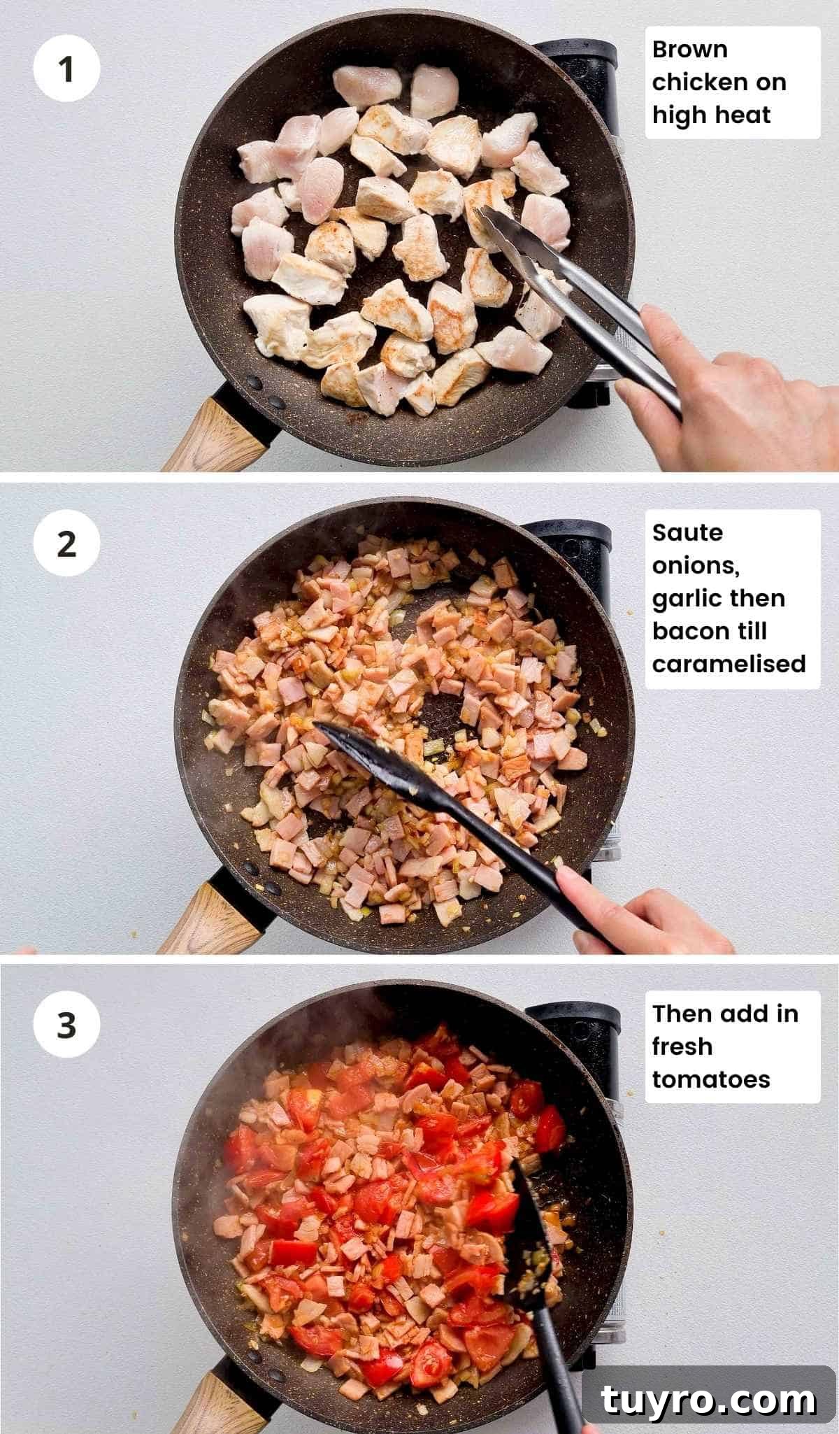 Creamy Chicken & Bacon Pasta Bake Recipe for Weeknight Dinners 5 3 step instructions collage of making this pasta recipe