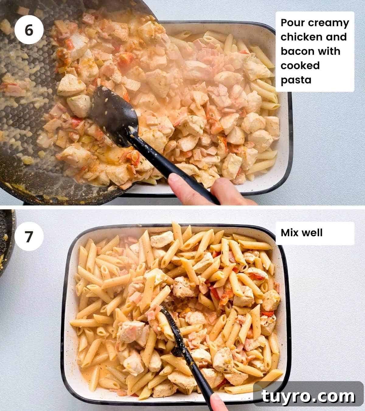 Creamy Chicken & Bacon Pasta Bake Recipe for Weeknight Dinners 7 2 step collage of pouring and mixing the pasta with creamy chicken and bacon sauce in a casserole dish