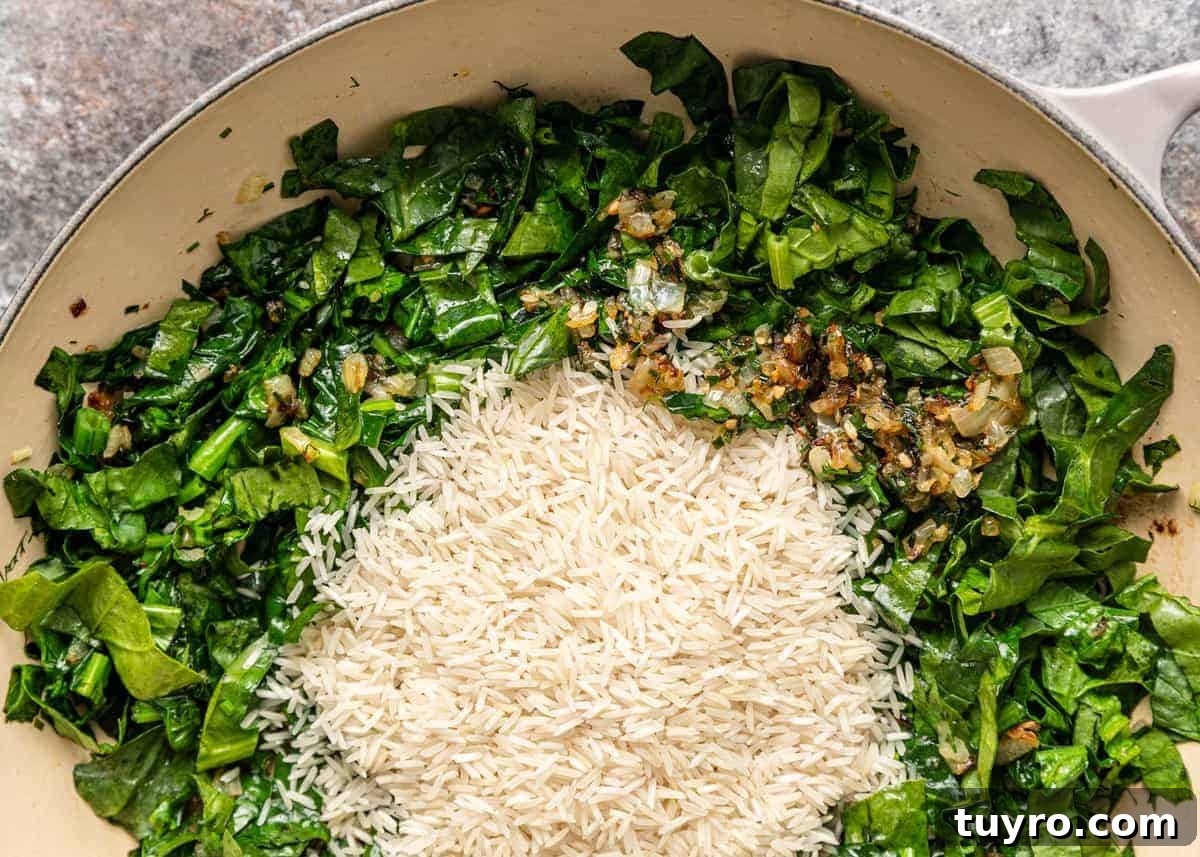 sauteing spinach rice and garlic in saute pan