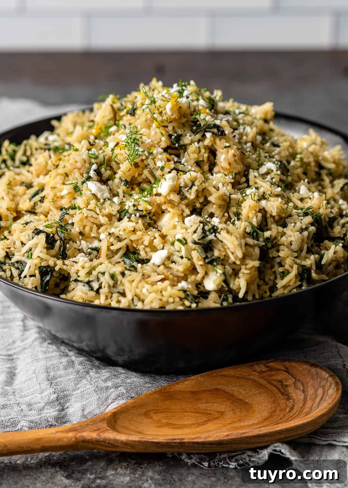 side view: Mediterranean rice dish (Spanakorizo) in black bowl