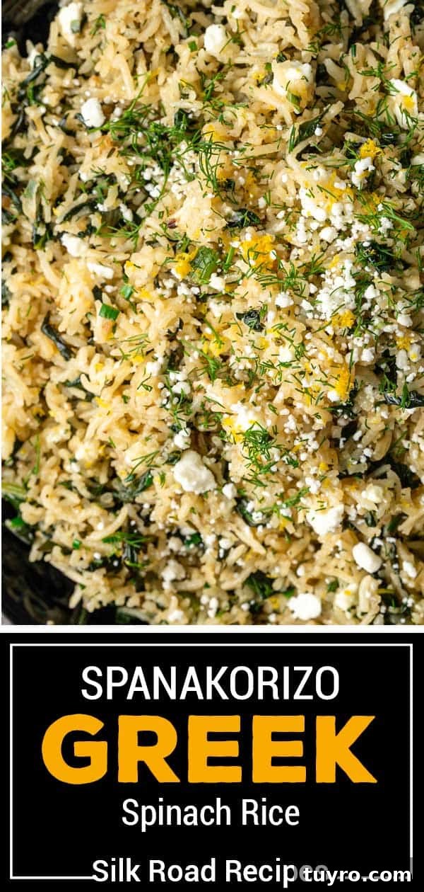titled image for Pinterest (and shown close up): Greek spinach rice