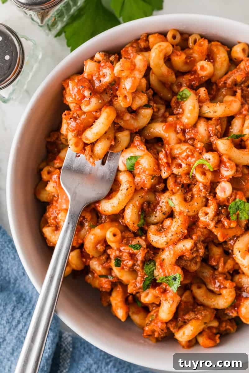Homemade Beefaroni: Savory One-Pot Pasta Recipe 11 closeup of the Beefaroni served in a white bow.