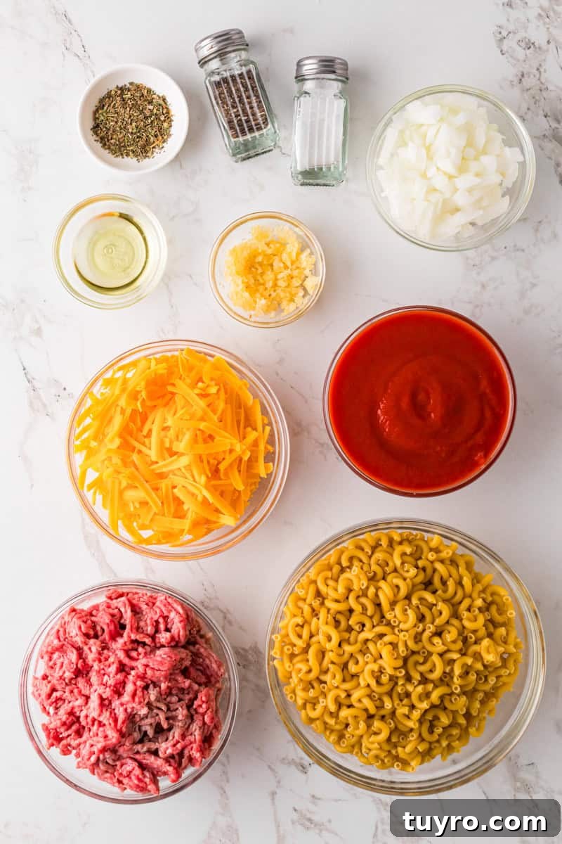 Homemade Beefaroni: Savory One-Pot Pasta Recipe 3 ingredients for the Beefaroni.