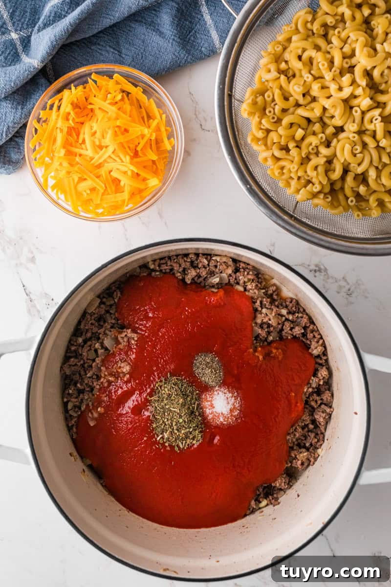 Homemade Beefaroni: Savory One-Pot Pasta Recipe 7 adding in the tomato sauce and seasoning to the beef in the pot.