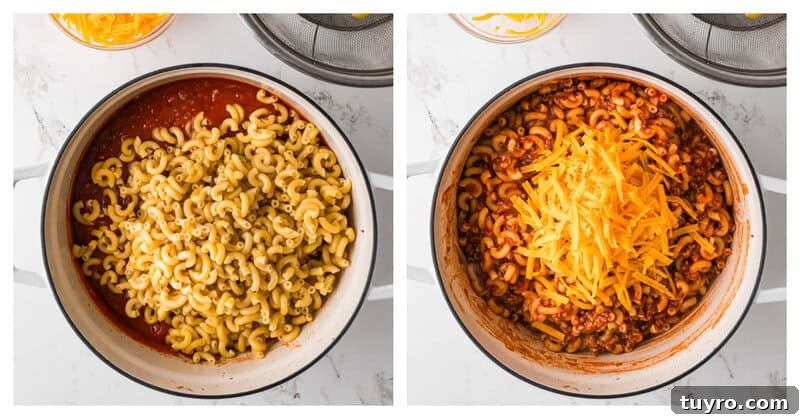 Homemade Beefaroni: Savory One-Pot Pasta Recipe 8 adding in the macaroni and cheese to the beef.