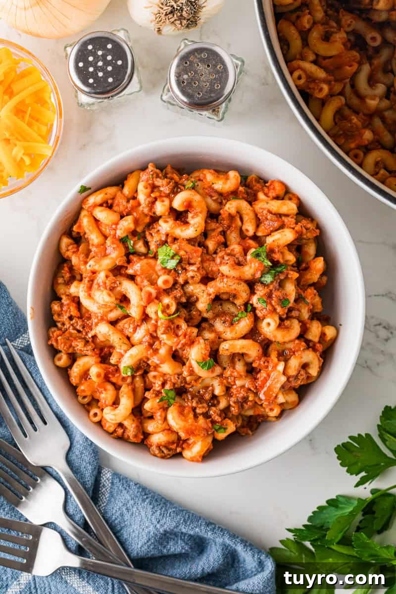Homemade Beefaroni: Savory One-Pot Pasta Recipe 10 top-down view of the Beefaroni served in a white bowl.