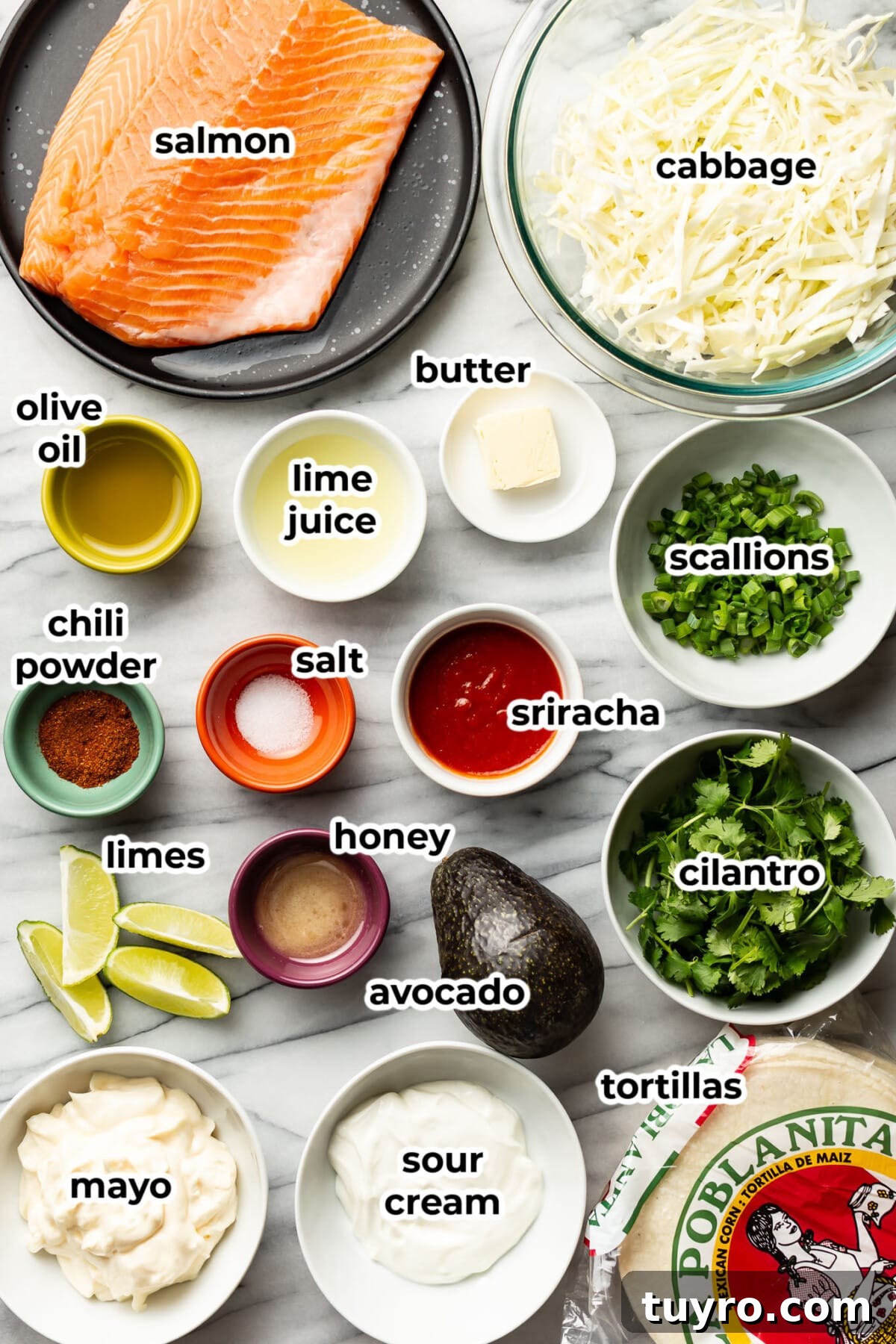 Grilled Salmon Tacos with Avocado Lime Crema 3 ingredients for salmon tacos in prep bowls