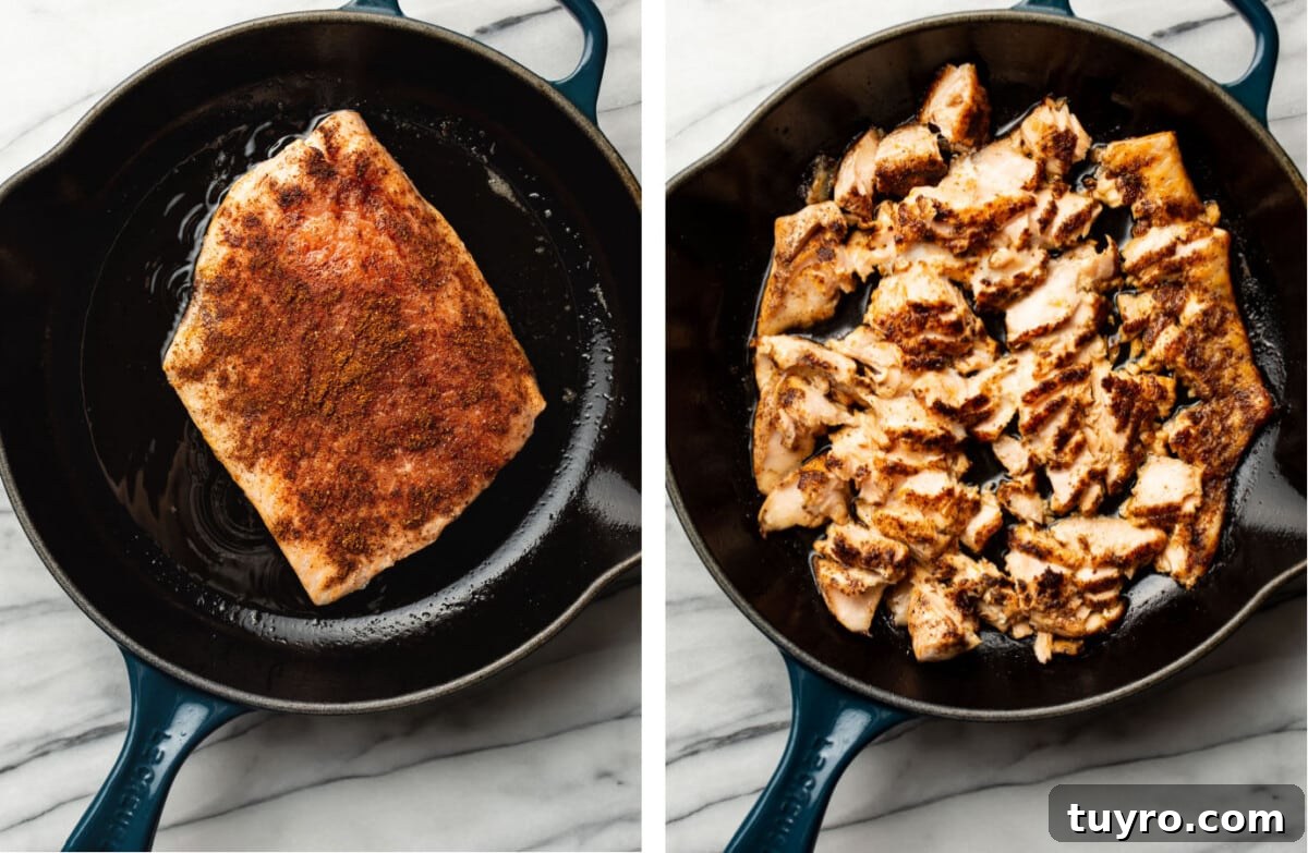 Grilled Salmon Tacos with Avocado Lime Crema 5 salmon in a skillet before and after cooking