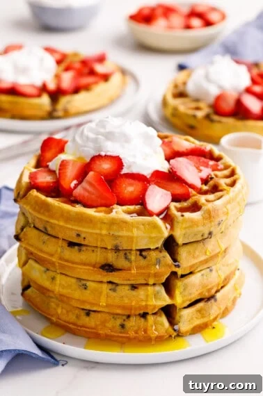 Fluffy Homemade Strawberry Waffles Recipe 8 A stack of four chocolate chip waffles topped with strawberries and whipped cream.