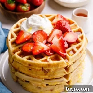 A stack of strawberry waffles topped with fresh strawberries and whipped cream.