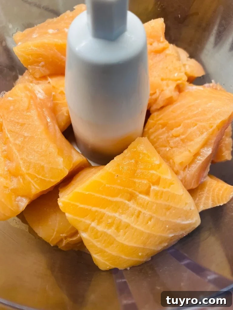 Pieces of salmon in the food processor to make the burgers