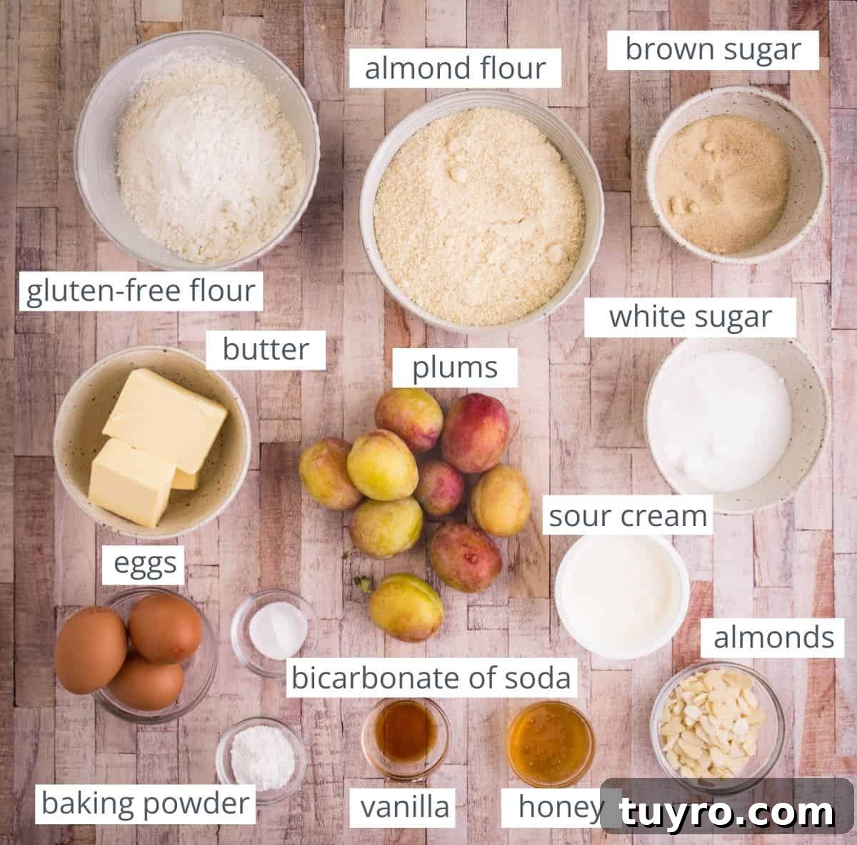 Gluten-Free Plum and Almond Cake ingredients on table.