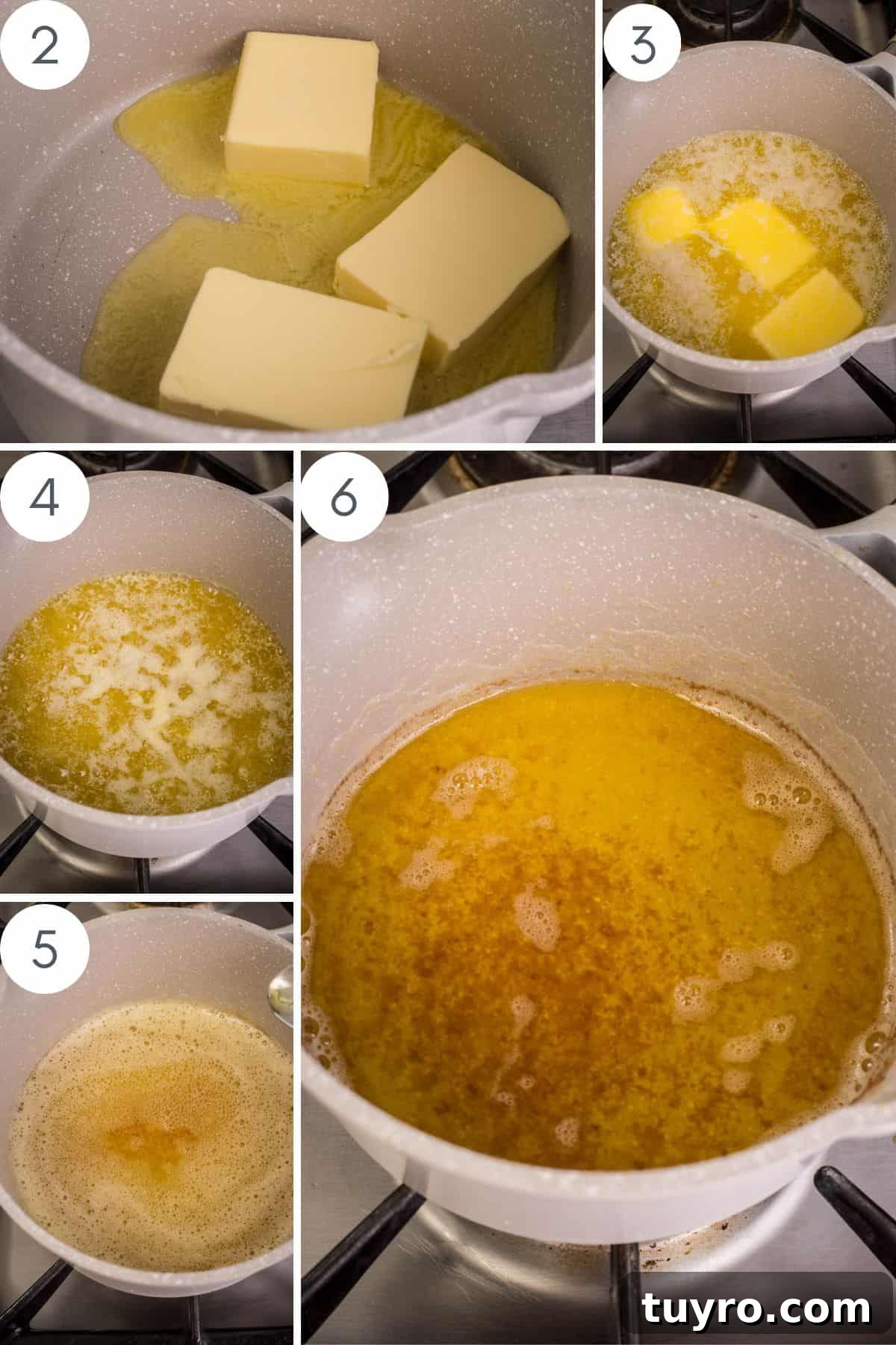 Brown butter process showing the butter melting in a saucepan and then getting more nutty with brown flecks clearly visible in the end.