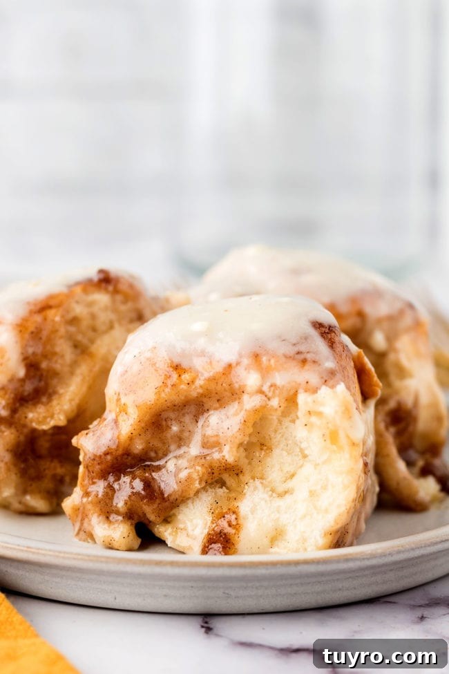 30-Minute Homemade Cinnamon Rolls 2 Gooey homemade cinnamon rolls with icing on a plate