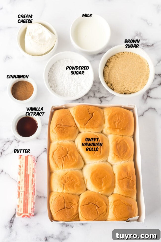 30-Minute Homemade Cinnamon Rolls 3 ingredients for easy cinnamon rolls with Hawaiian rolls on a counter