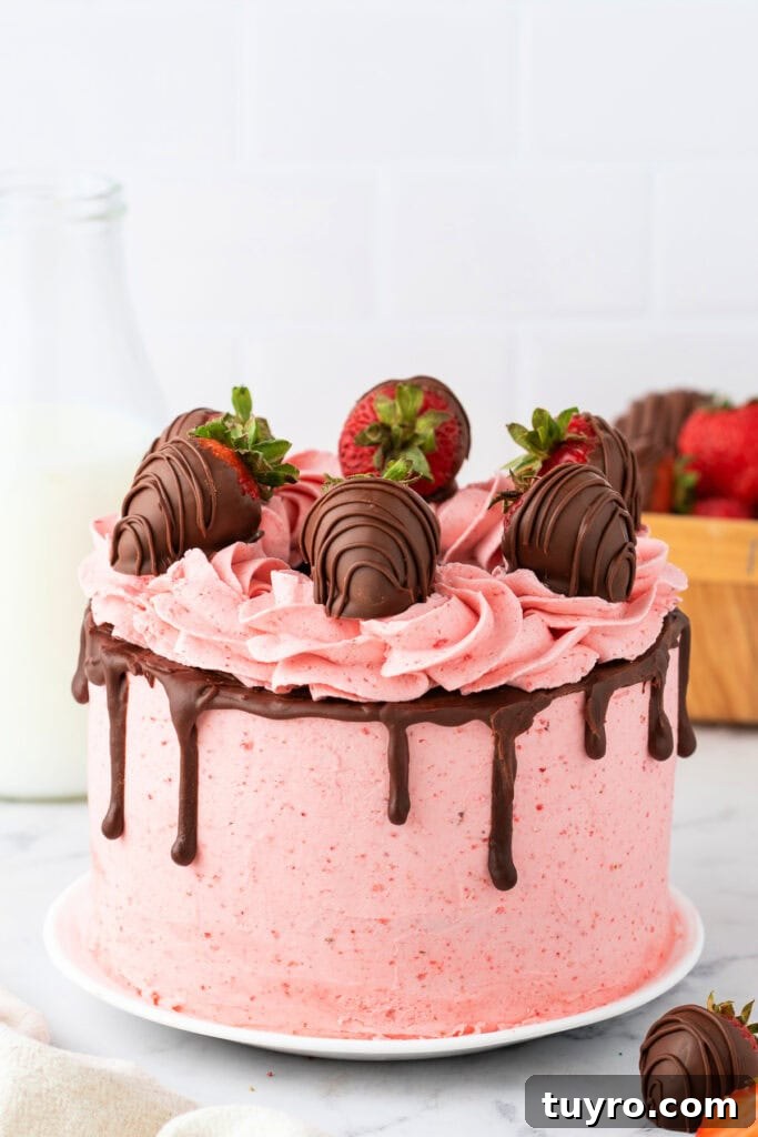 Chocolate Strawberry Cake with Rich Ganache 2 Whole chocolate strawberry cake decorated with pink buttercream, ganache drip, and chocolate-covered strawberries.