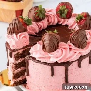 Chocolate Strawberry Cake with Rich Ganache 14 Close-up of a chocolate strawberry cake with pink strawberry buttercream, chocolate ganache drip, and chocolate-covered strawberries on top.