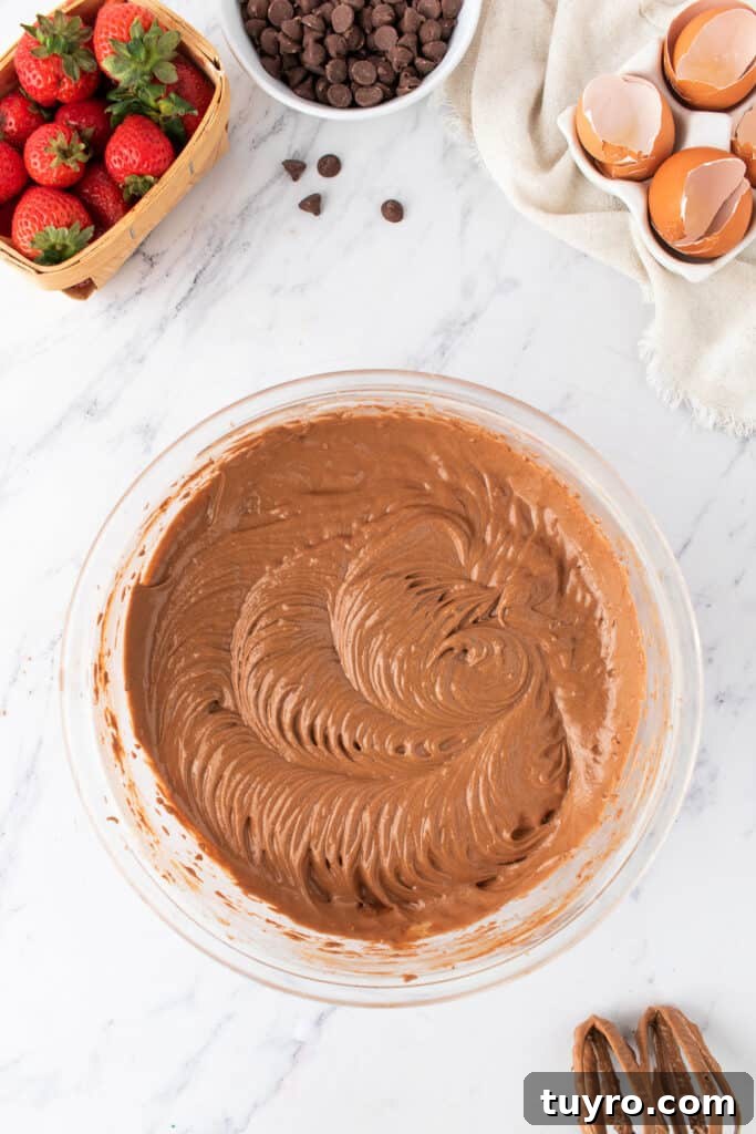 Chocolate Strawberry Cake with Rich Ganache 4 Bowl of chocolate cake batter with smooth, swirled texture, surrounded by fresh strawberries and chocolate chips.