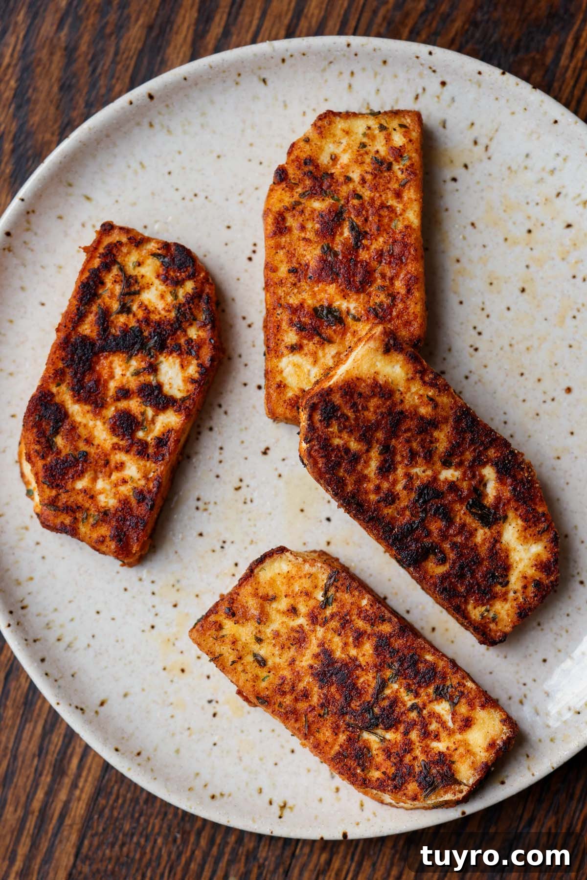 Garlic Parmesan Orzo with Pan-Seared Paprika Tofu 4 plate of crispy tofu