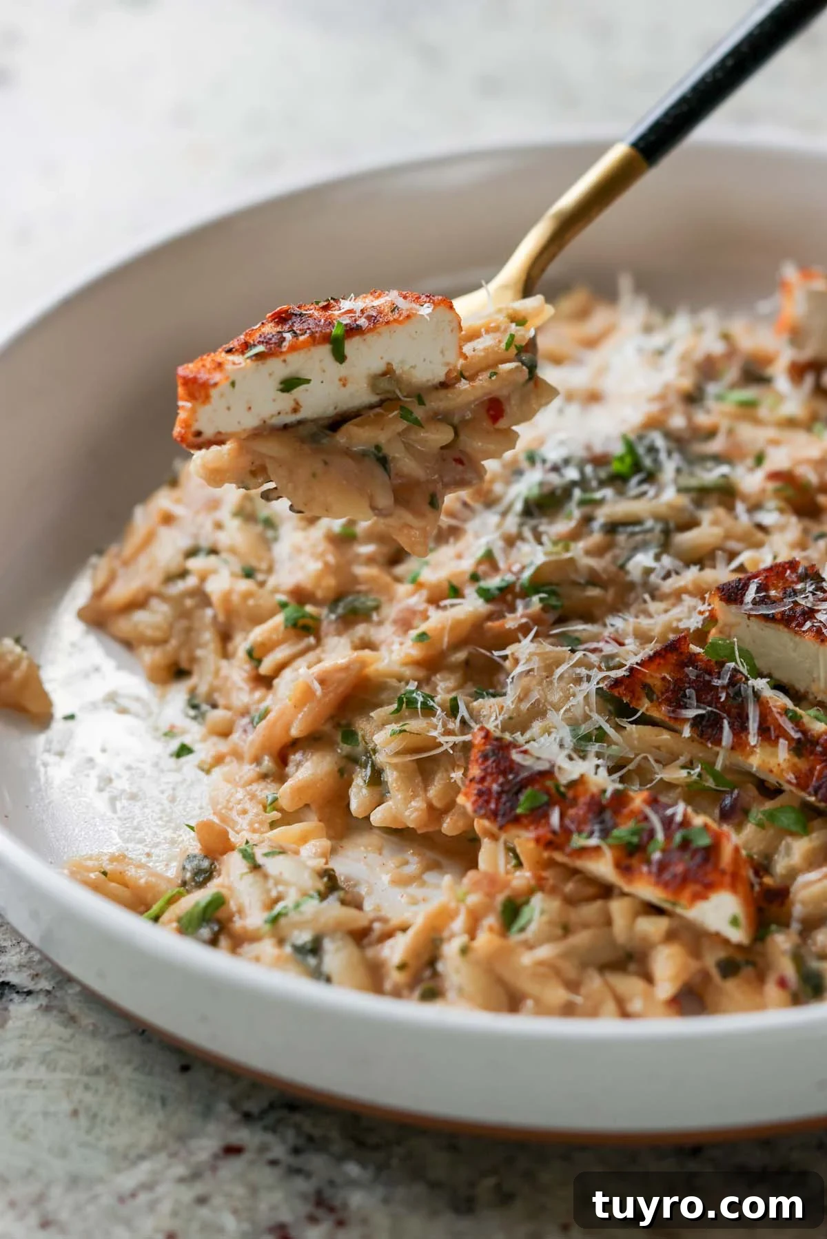 Garlic Parmesan Orzo with Pan-Seared Paprika Tofu 5 fork taking a bite of garlic parmesan orzo