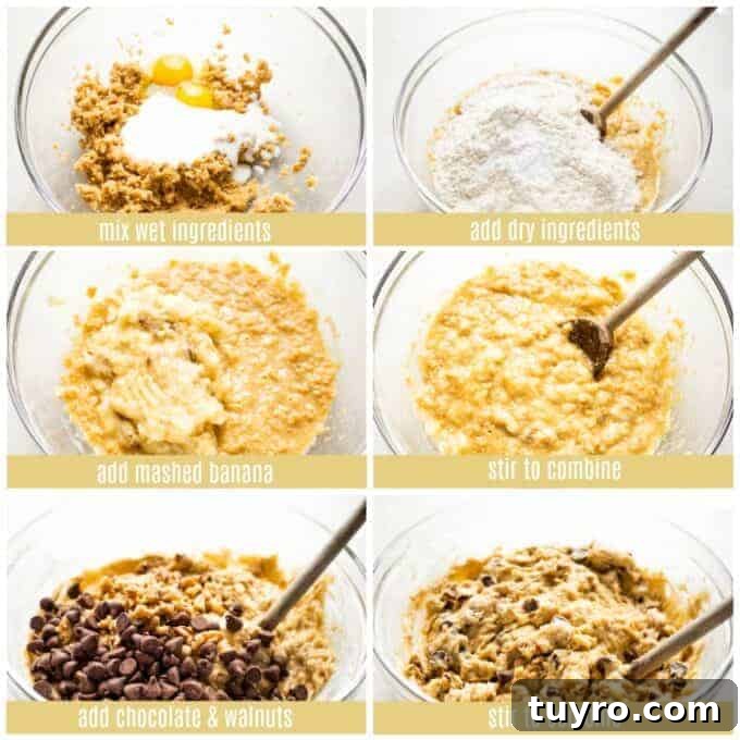 Picture collage showing how to make Chunky Monkey Banana Bread. Showing a glass bowl with wet ingredients being mixed, adding the dry ingredients. Stirring in the mashed banana. Adding chocolate chips and walnuts. Then stirred to combine.